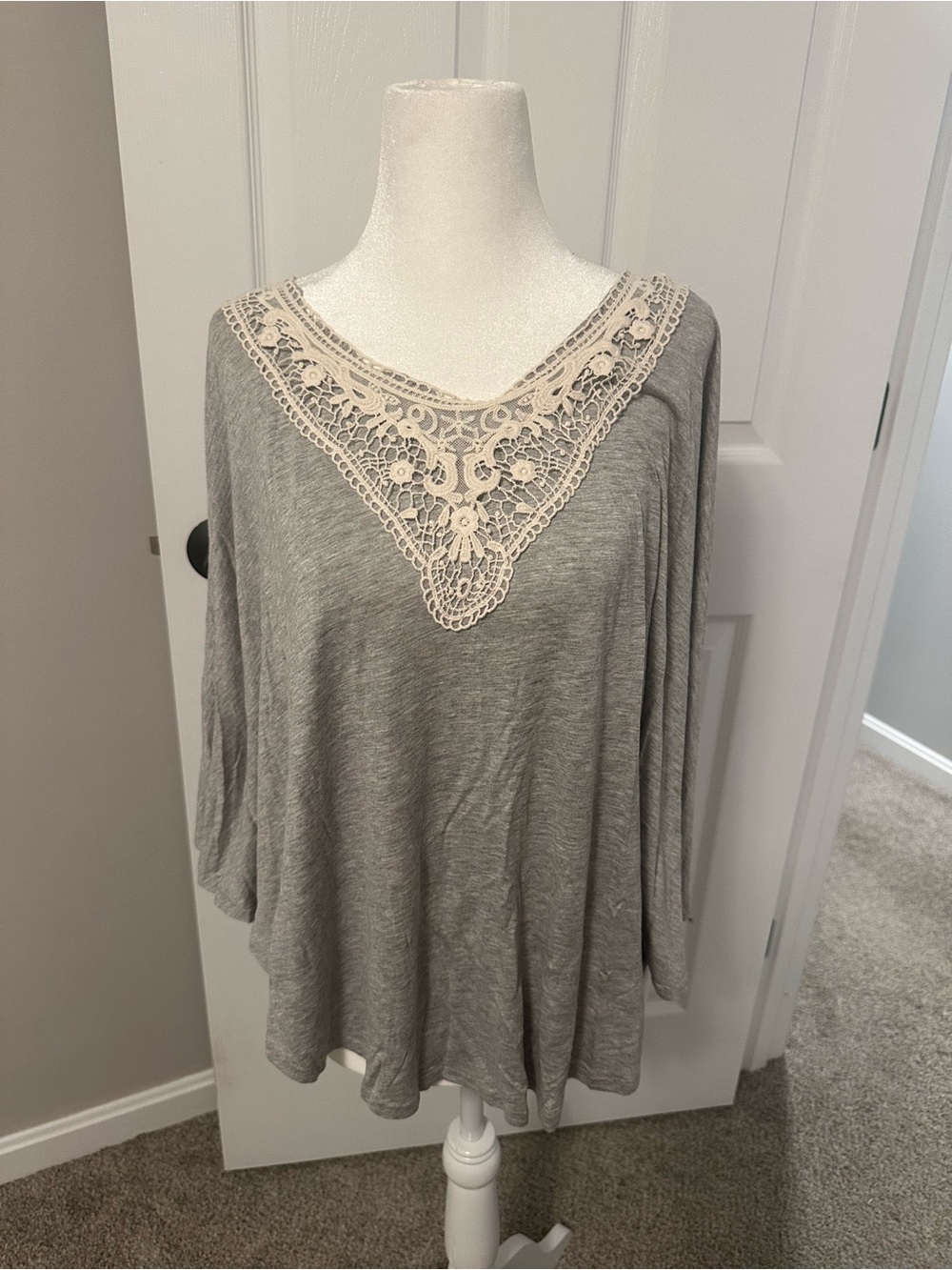 Women's Gray Lace-Trim V-Neck Top
